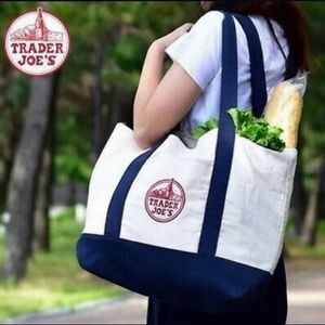 Trader Joe’s  Set of 2 Blue & White Canvas Eco Tote Bags Reusable Grocery NWT